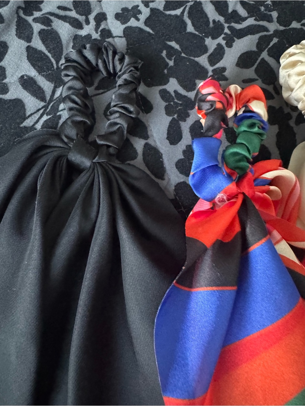 Women  Satin Black, Ivory, and Multicolor Scrunchie with Scarf Accent Count 3
